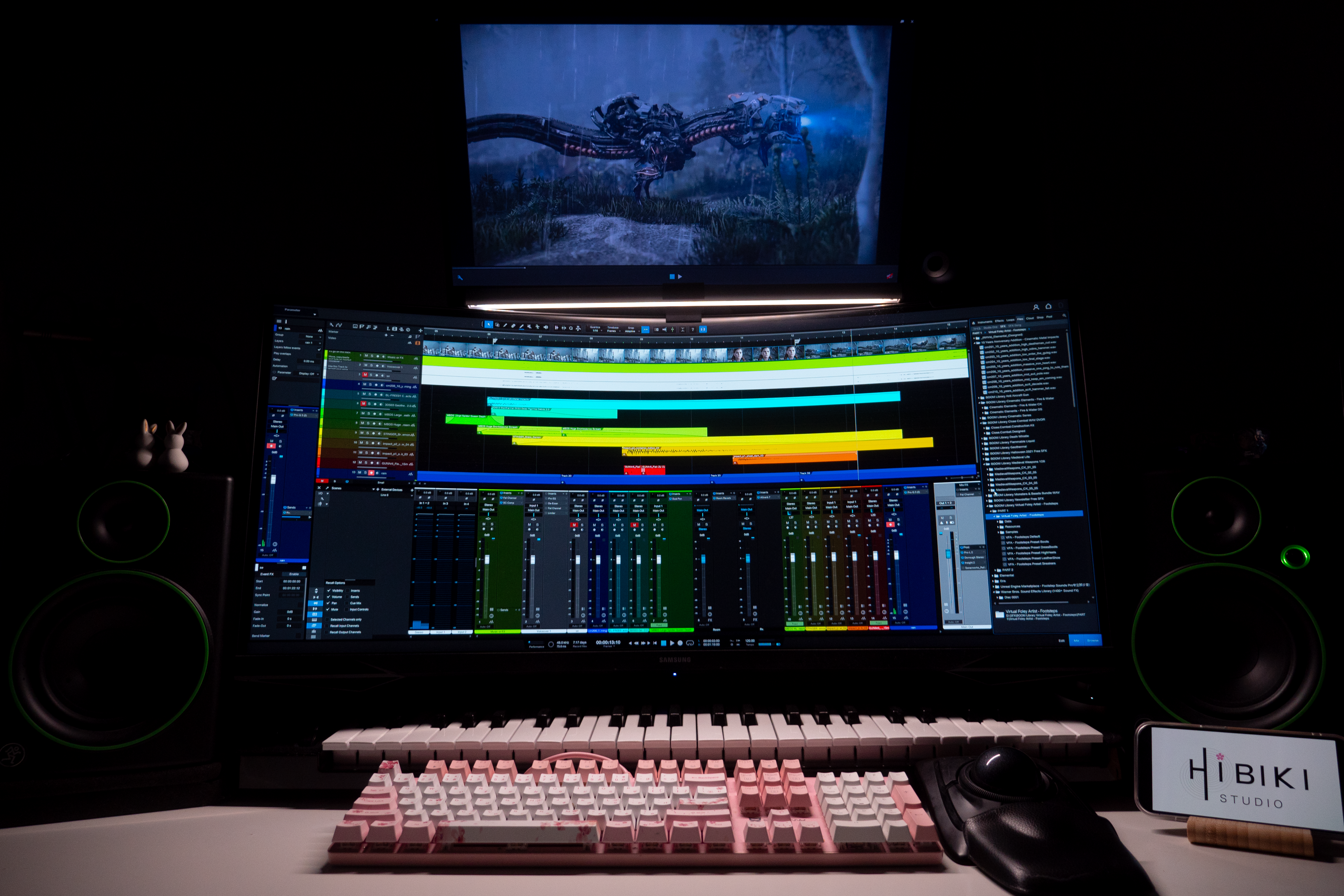 Working desk showing the working process of sound design